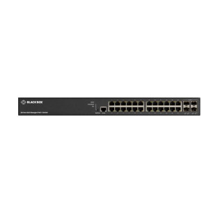 Black Box LPB3010A Gigabit Ethernet PoE+ Switch, 24 PoE+ ports, 4 10GbE SFP+ ports, RJ-45 Console port